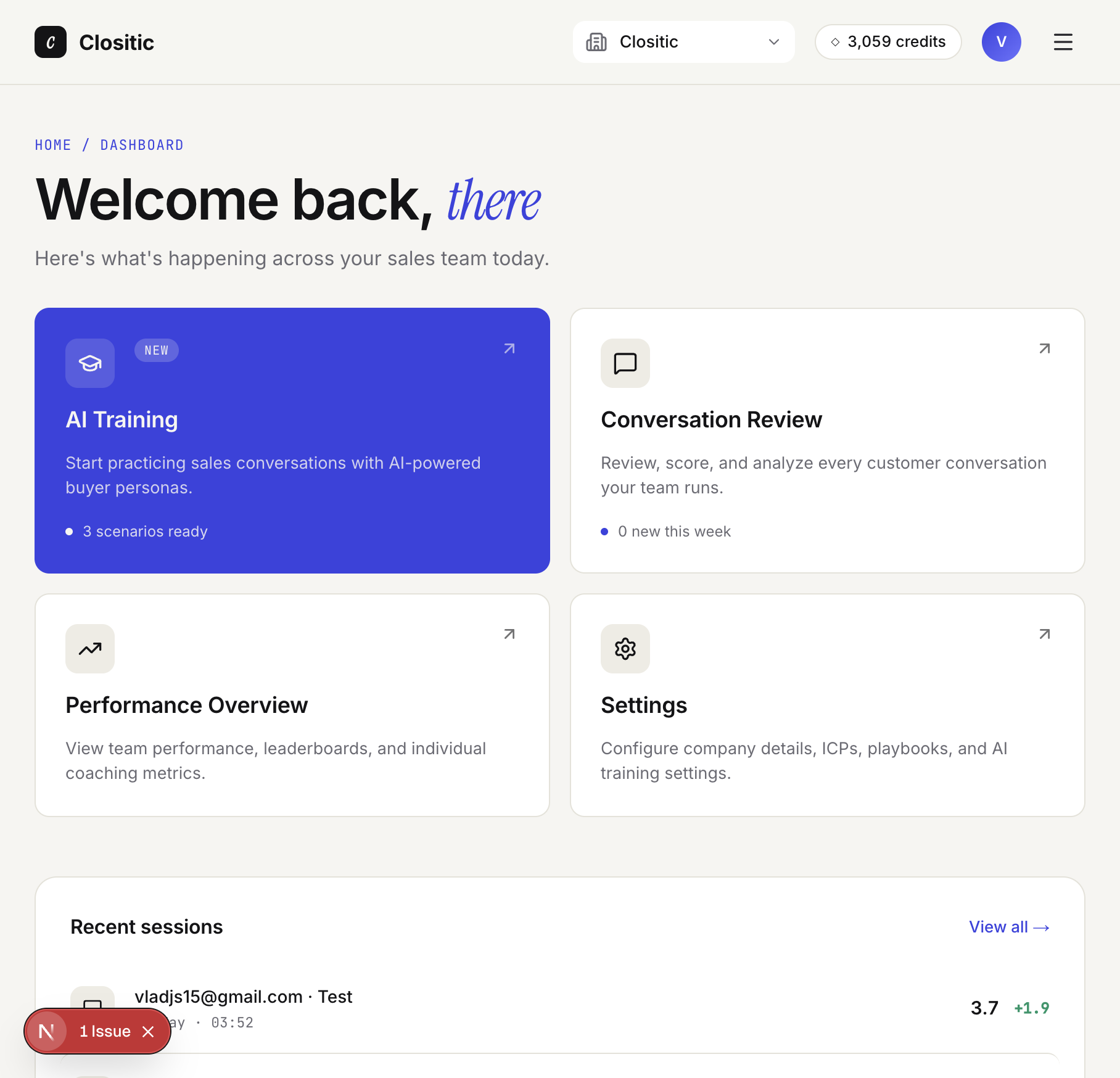 Dashboard with action cards and recent sessions