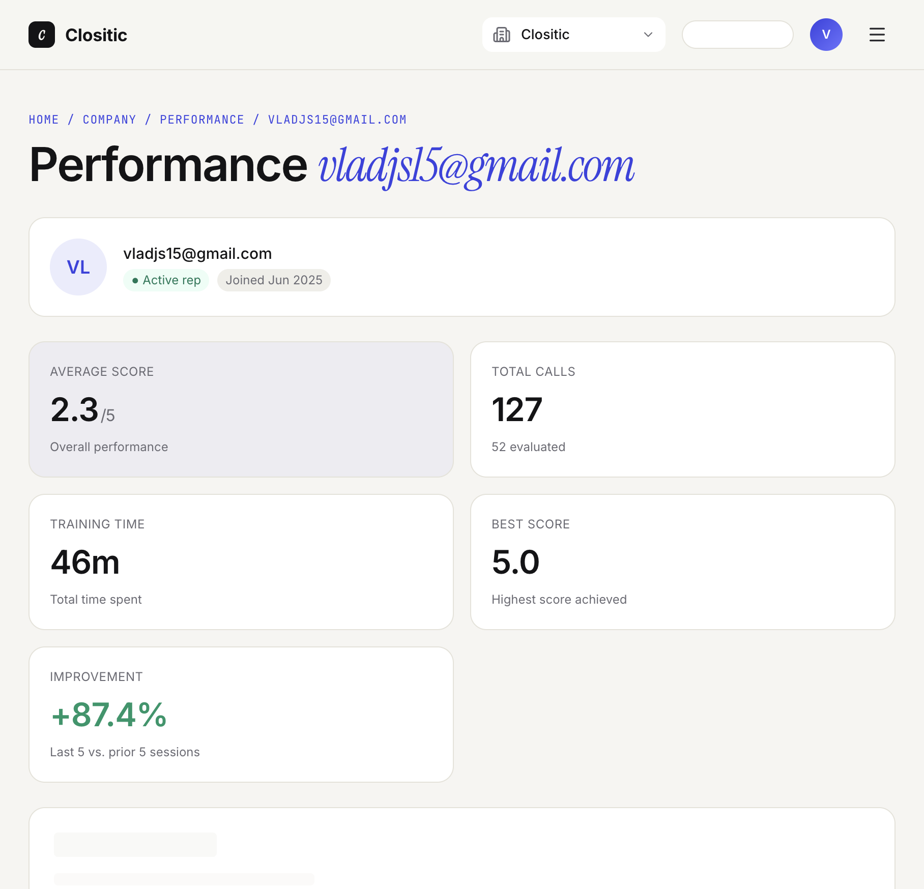 Rep performance — KPIs and call history